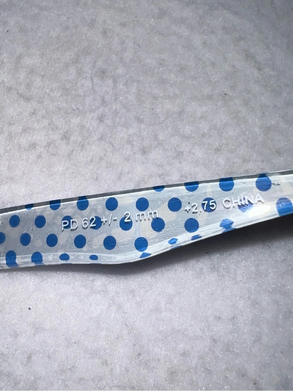 Vintage blue rectangular reading +2.75 glasses with a polka-dot pattern